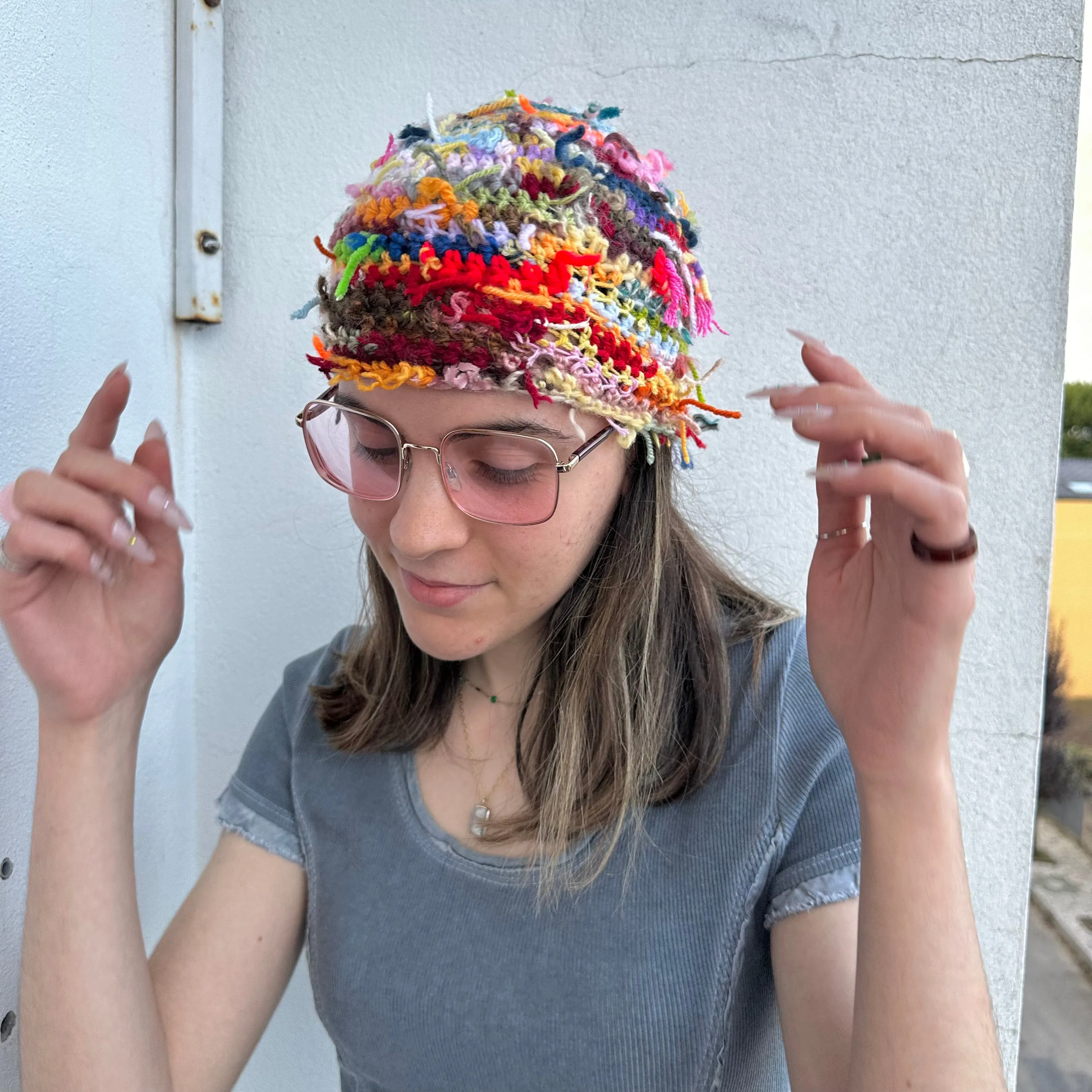 1 of 1 handmade crochet beanie hat made from leftover scraps of yarn