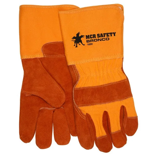 1690 MCR Safety Bronco® Leather Palm Gloves, Large, Leather, Orange