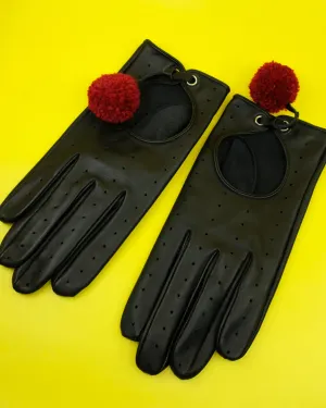 Black & Red Lamb Leather Pom Pom Gloves