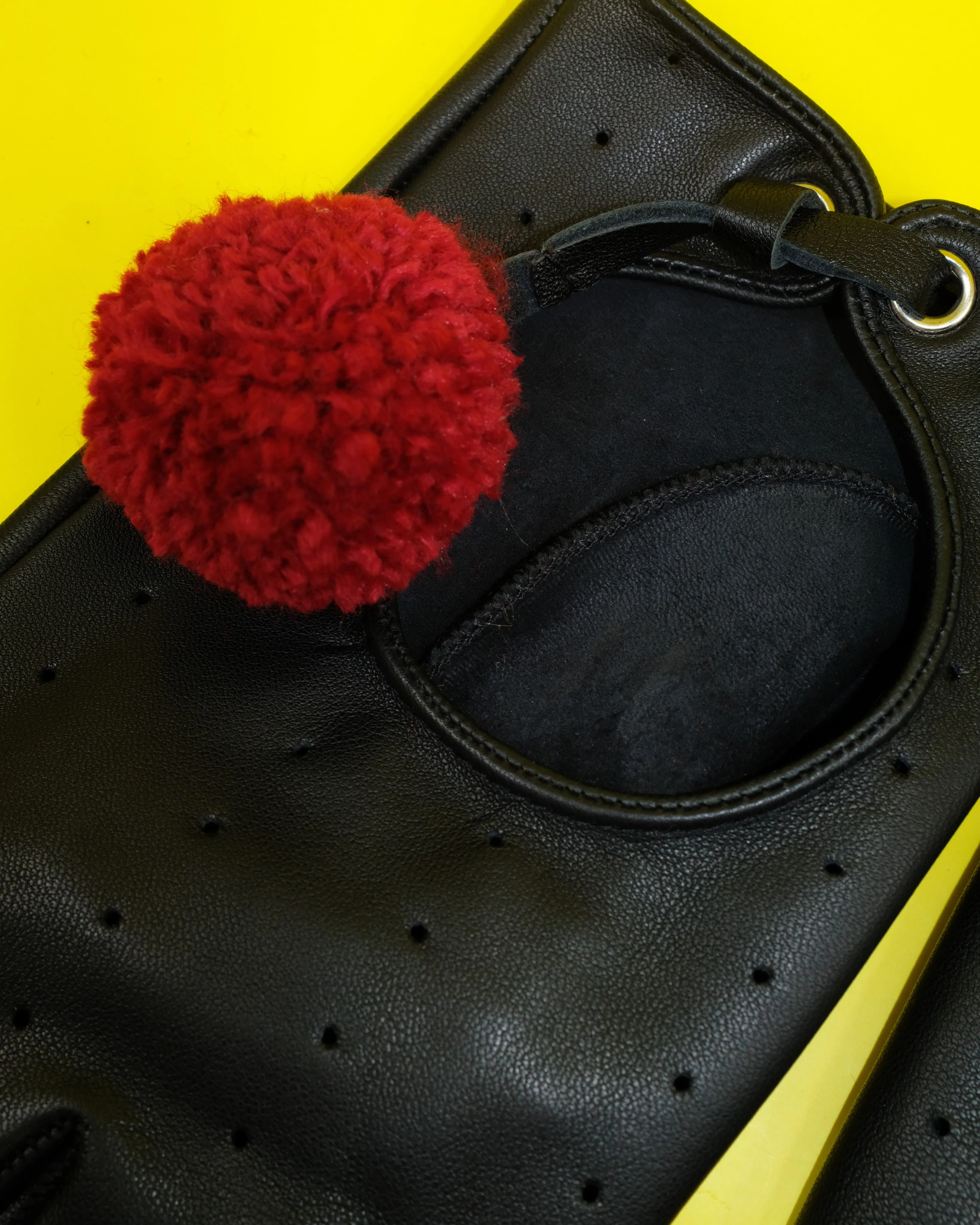 Black & Red Lamb Leather Pom Pom Gloves