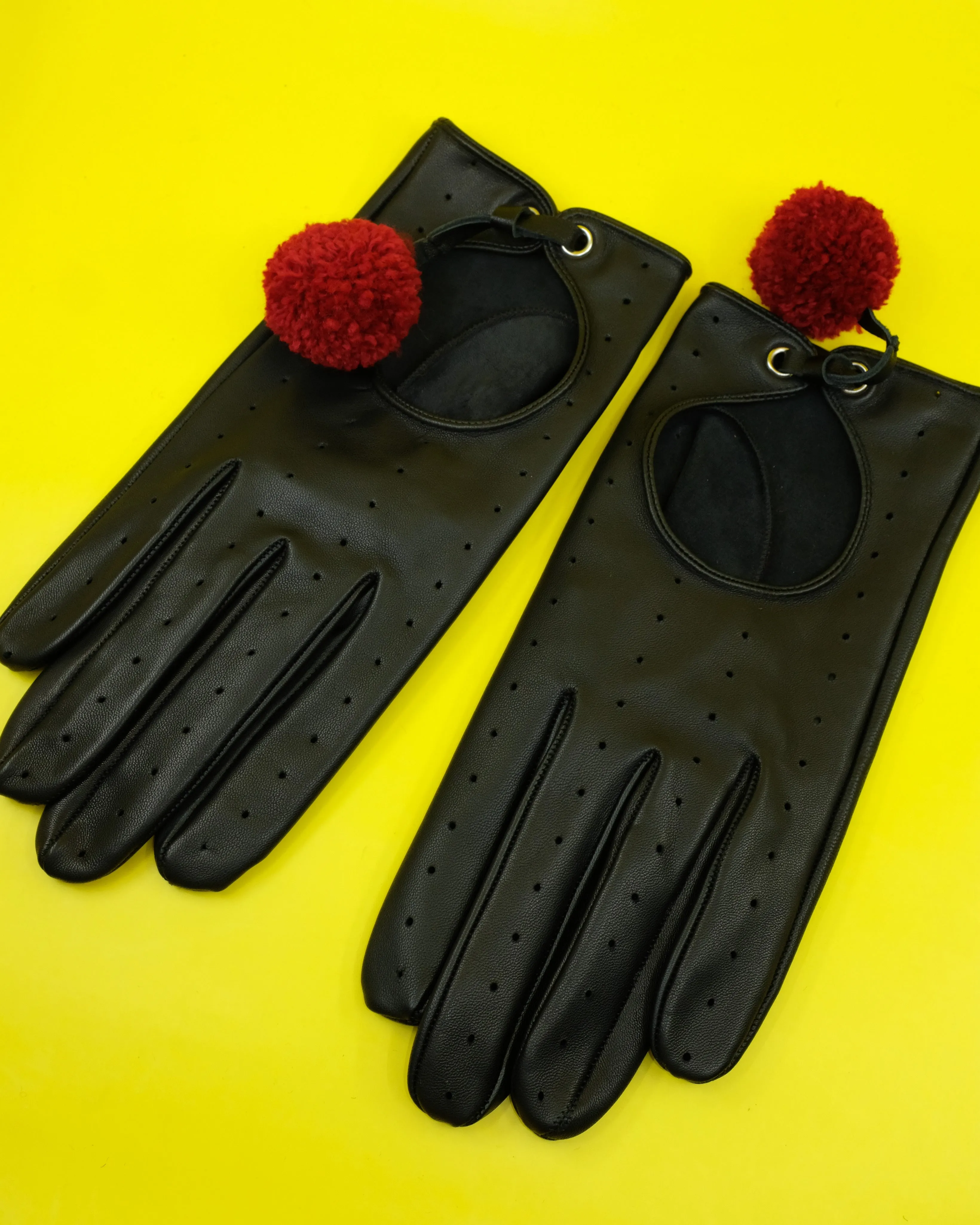 Black & Red Lamb Leather Pom Pom Gloves