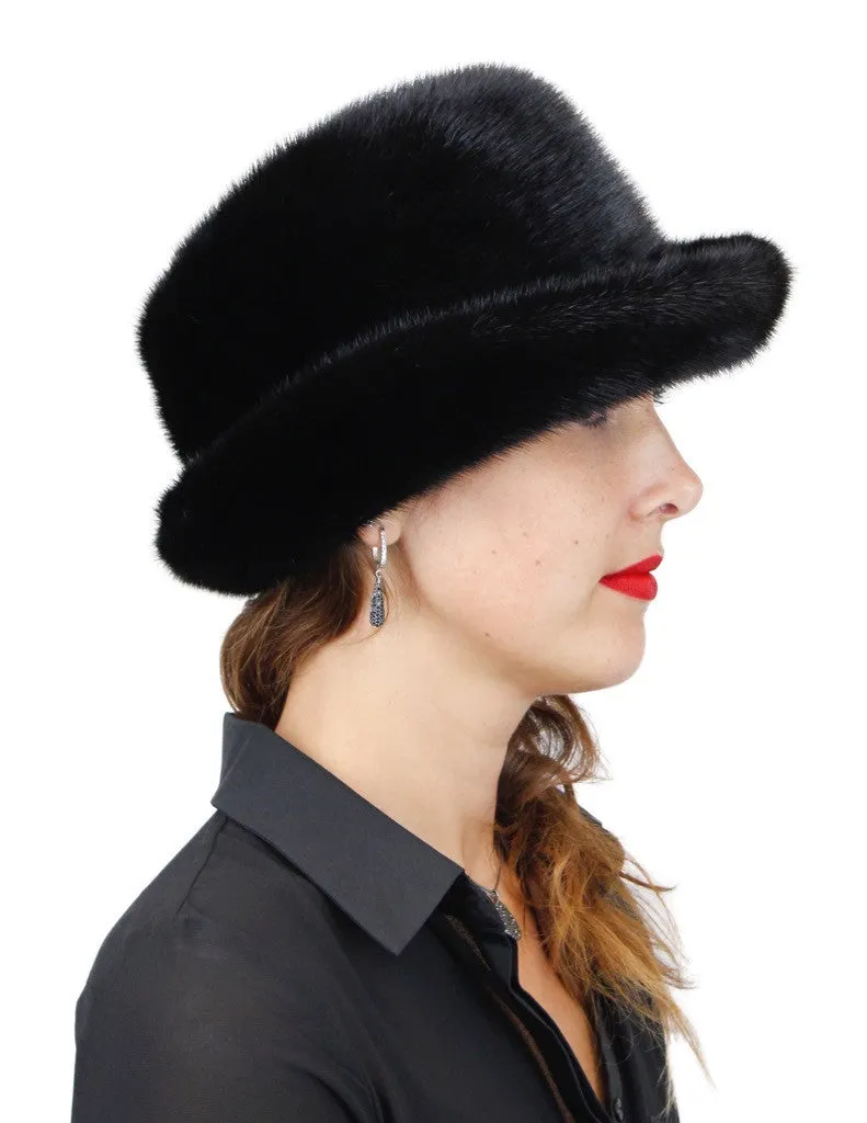 BLACK MINK FUR FEDORA HAT W/ PLAYFUL ADJUSTABLE BRIM