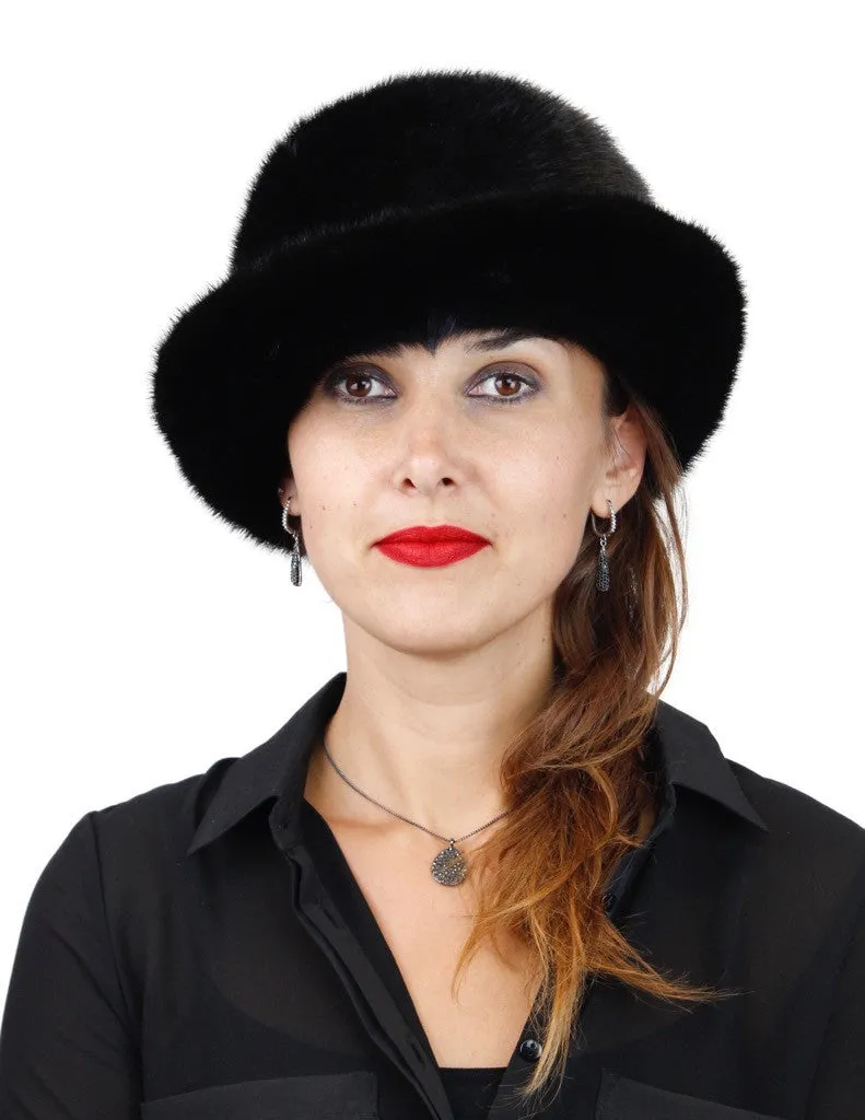 BLACK MINK FUR FEDORA HAT W/ PLAYFUL ADJUSTABLE BRIM