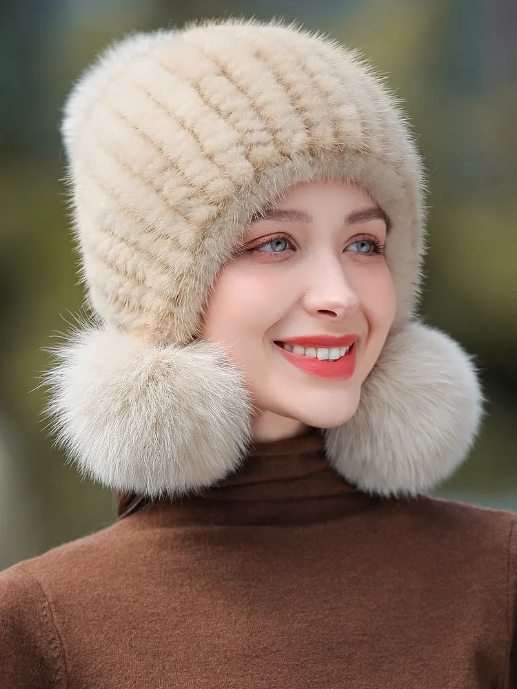 Ladies Mink Fur Hat with Fox Fur Pom Pom