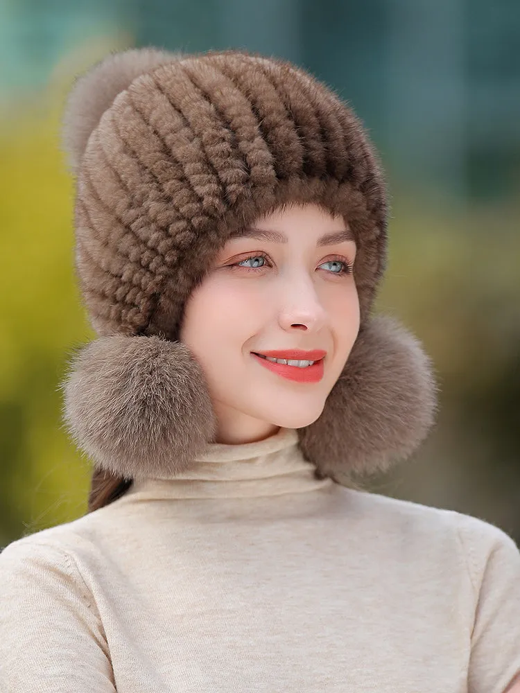 Ladies Mink Fur Hat with Fox Fur Pom Pom