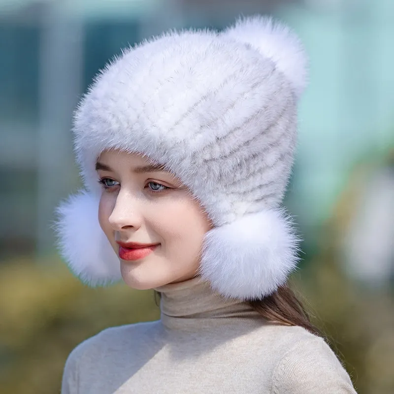 Ladies Mink Fur Hat with Fox Fur Pom Pom