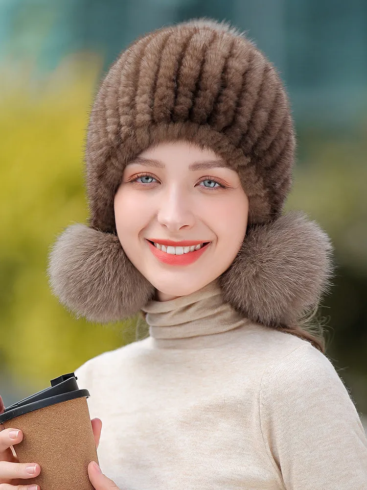 Ladies Mink Fur Hat with Fox Fur Pom Pom