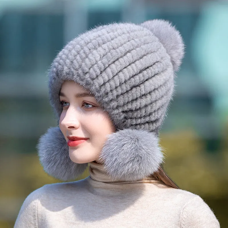 Ladies Mink Fur Hat with Fox Fur Pom Pom