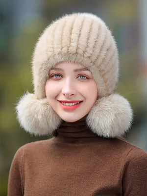 Ladies Mink Fur Hat with Fox Fur Pom Pom