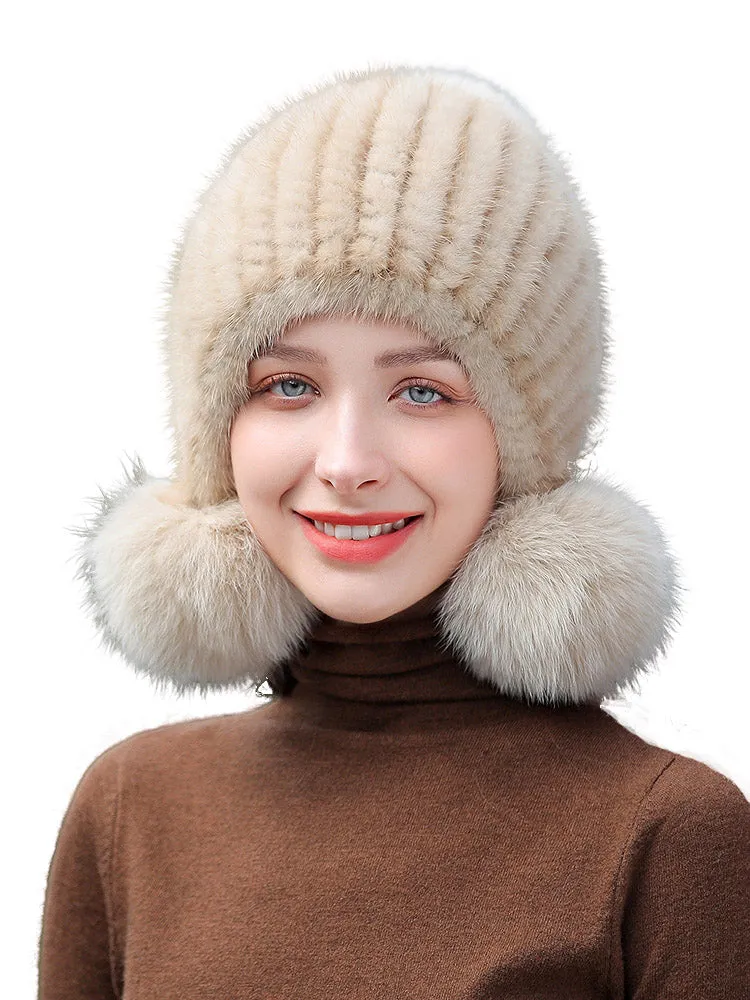 Ladies Mink Fur Hat with Fox Fur Pom Pom