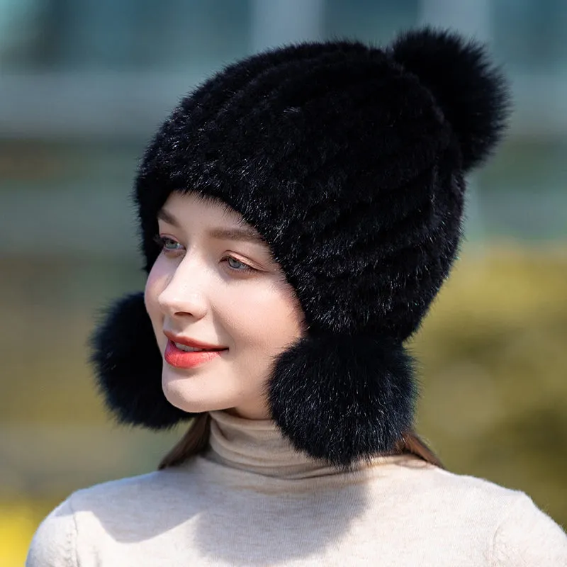 Ladies Mink Fur Hat with Fox Fur Pom Pom