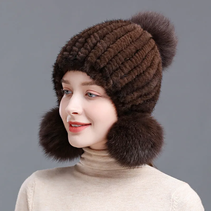 Ladies Mink Fur Hat with Fox Fur Pom Pom