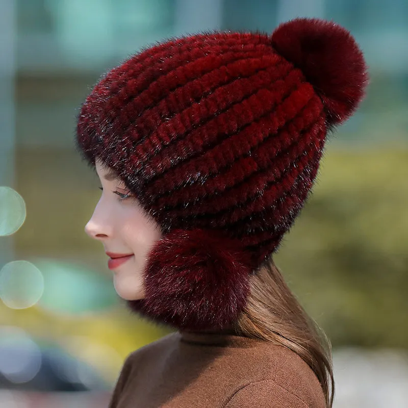 Ladies Mink Fur Hat with Fox Fur Pom Pom