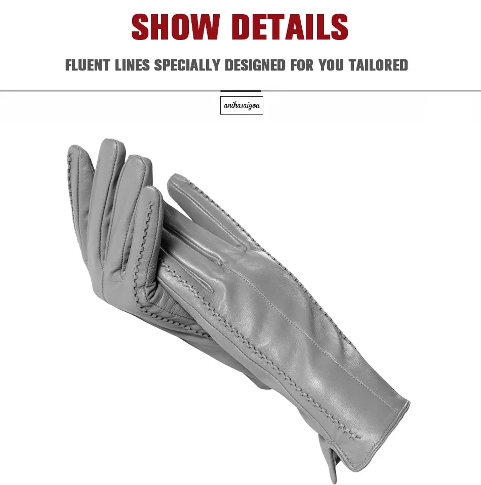 White leather women's gloves, Genuine Leather, cotton lining warm, Fashion leather gloves, leather gloves warm winter-2226