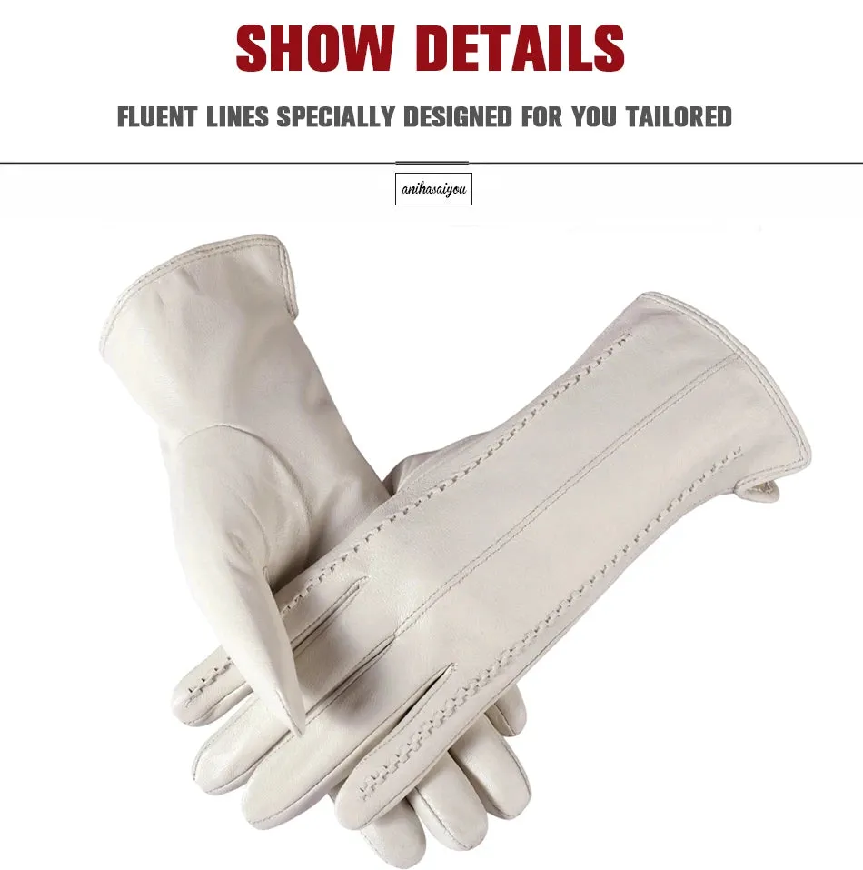 White leather women's gloves, Genuine Leather, cotton lining warm, Fashion leather gloves, leather gloves warm winter-2226