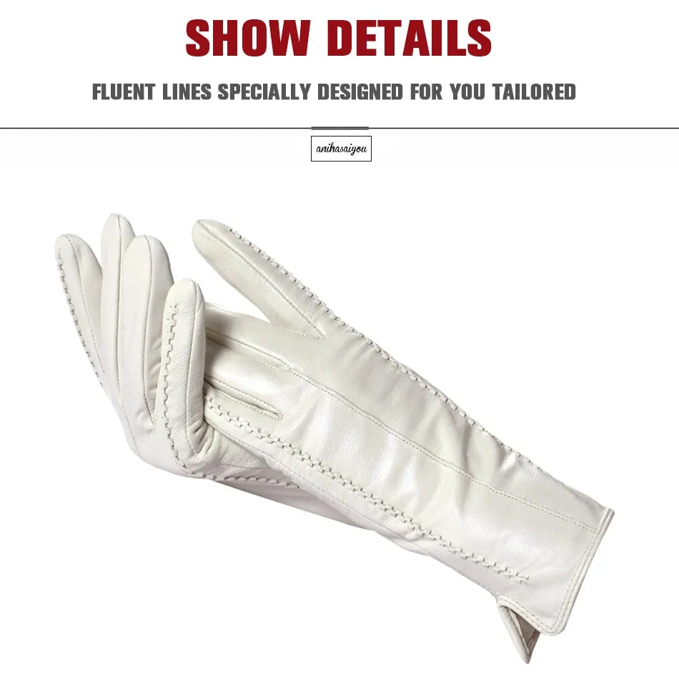 White leather women's gloves, Genuine Leather, cotton lining warm, Fashion leather gloves, leather gloves warm winter-2226