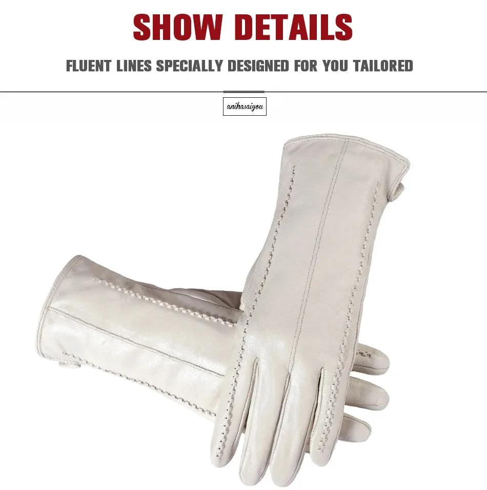 White leather women's gloves, Genuine Leather, cotton lining warm, Fashion leather gloves, leather gloves warm winter-2226
