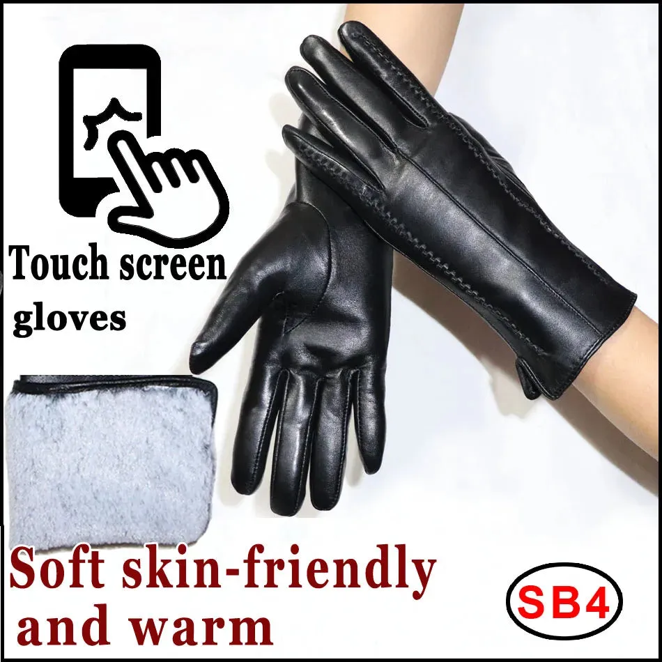 Women's Sheepskin Gloves Winter Warmth Plus Velvet Short Thin Touch Screen Driving Female Color Leather Gloves New High-end 2024