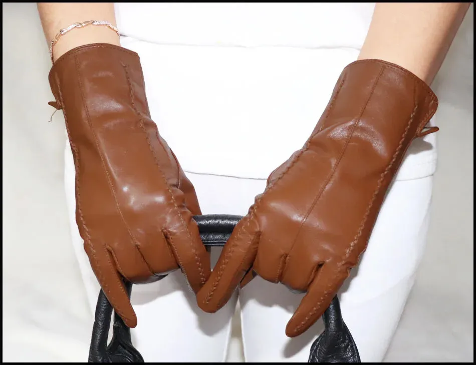 Women's Sheepskin Gloves Winter Warmth Plus Velvet Short Thin Touch Screen Driving Female Color Leather Gloves New High-end 2024
